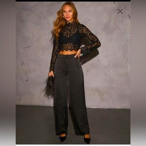 VICI Black Satin Wide-Leg Pants